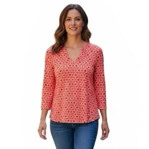 Zen Knit Orange Cream Geometric Print Scoop Neck Top 3/4 Sleeve Women’s Size XL